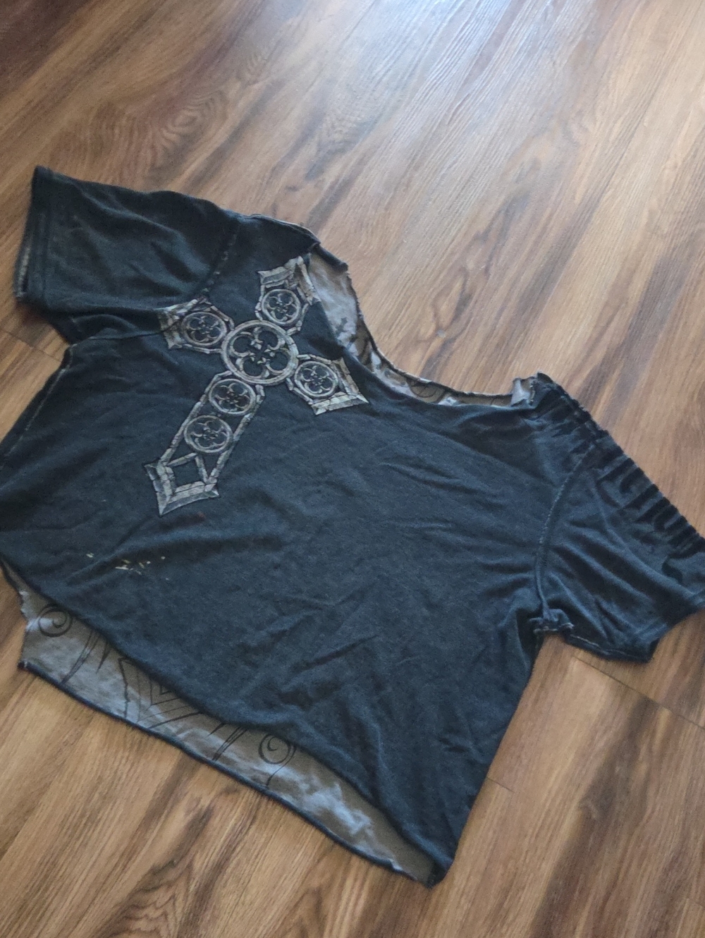 Affliction Distructed Black Off-Shoulder Crop Top with Decorative Cross